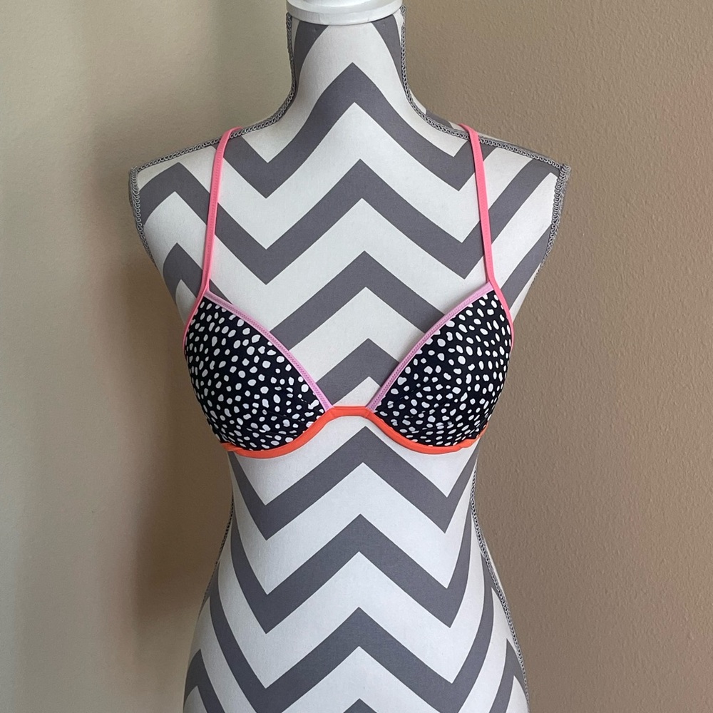Victoria's Secret Black Polka Dot Bikini - swim Suit with Pink & Coral Trim 32B